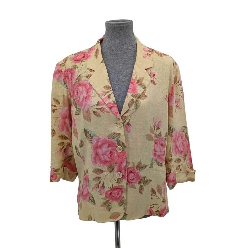 Boho Cottagecore Y2K 90s Yellow Pink Rose Floral LinenBlend‎ Blazer/Skirt 14 Set
